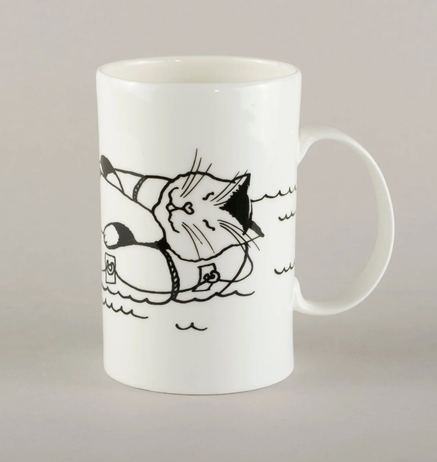 Piebalgas porcelāna krūze - Kaķis uz plosta, 400ml