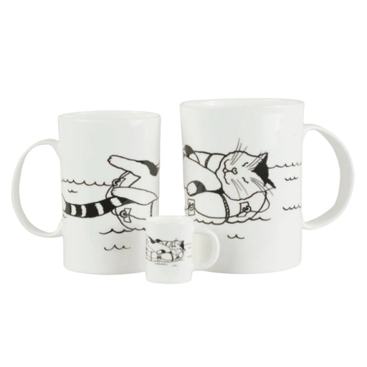 Piebalgas porcelāna krūze - Kaķis uz plosta, 400ml